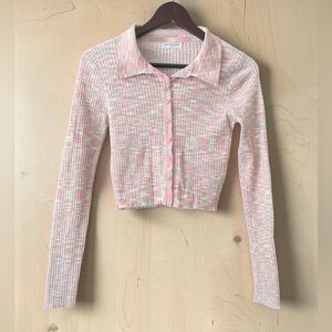 vestique Pink Multicolor Ribbed Cropped Button-Up Sweater